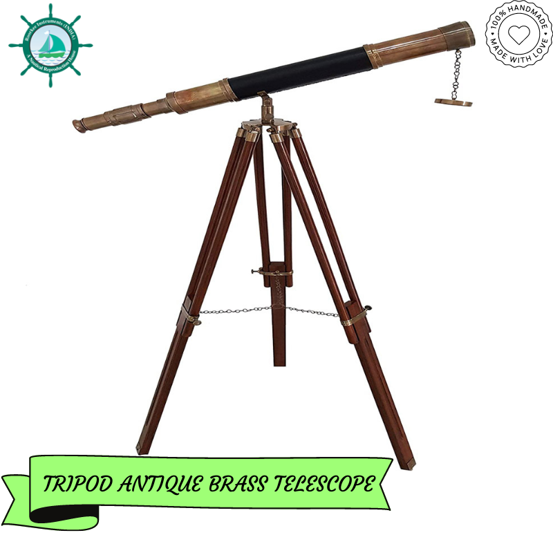 A Sailor Boat Antique Telescope Black Leather Wooden Stand Marine Royal Telescopes