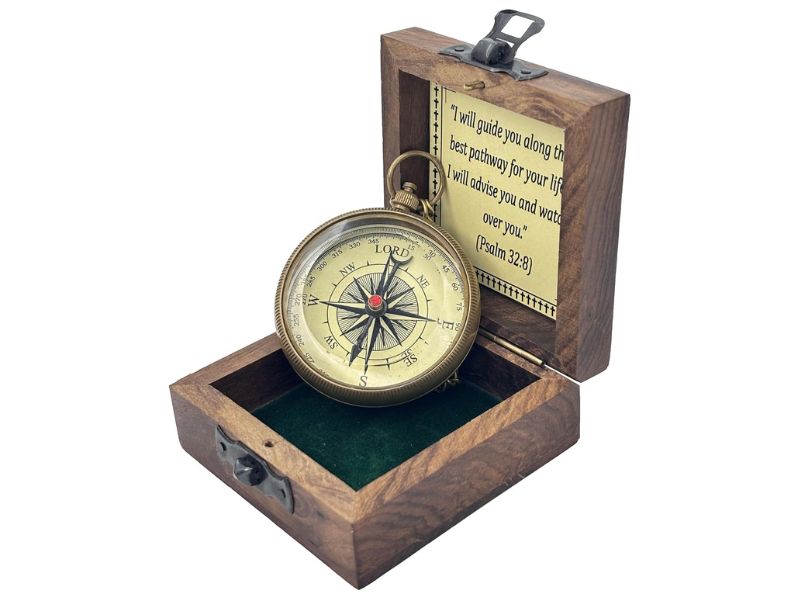 Antique Brass Engraved Compass with Wooden Box | Portable Navigation Compass for Hiking, Camping & Survival | Vintage Nautical Compass Gift for Men, Son, Husband, Birthday or Graduation