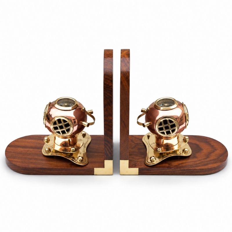 Handmade Wooden Brass Diving Helmet Bookends Set | Nautical Maritime Office Desk Library Decor