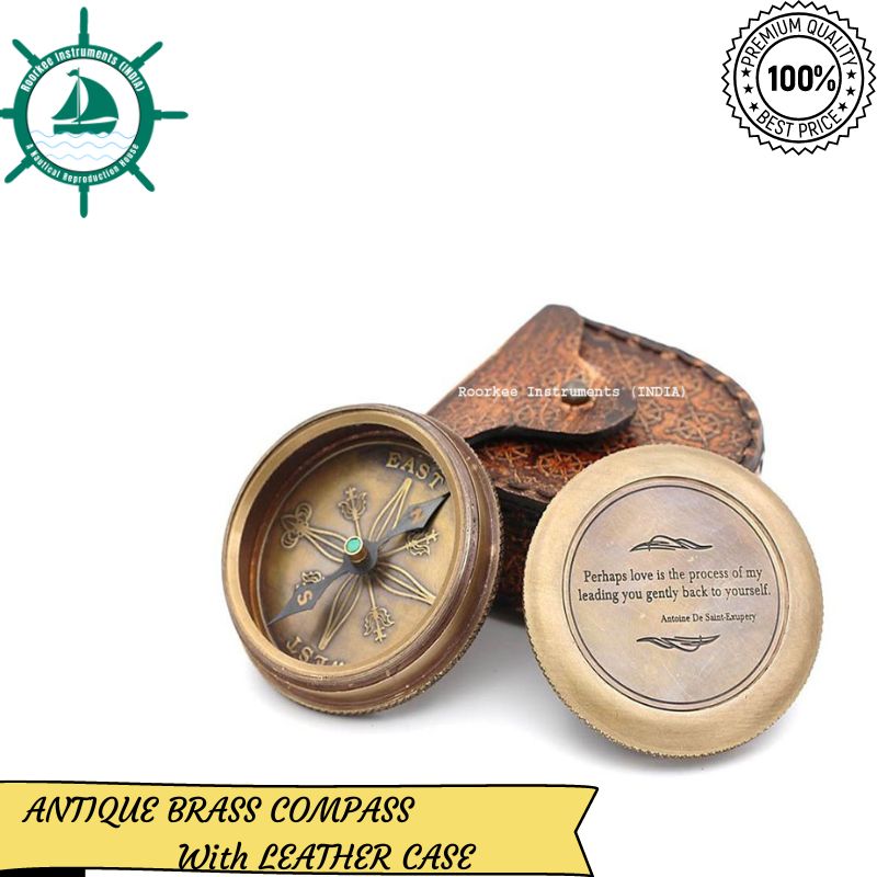 Solid Brass Compass with Leather Case Quote Perhaps Love is The Process with Leather case