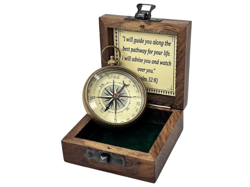 Antique Brass Engraved Compass with Wooden Box | Portable Navigation Compass for Hiking, Camping & Survival | Vintage Nautical Compass Gift for Men, Son, Husband, Birthday or Graduation