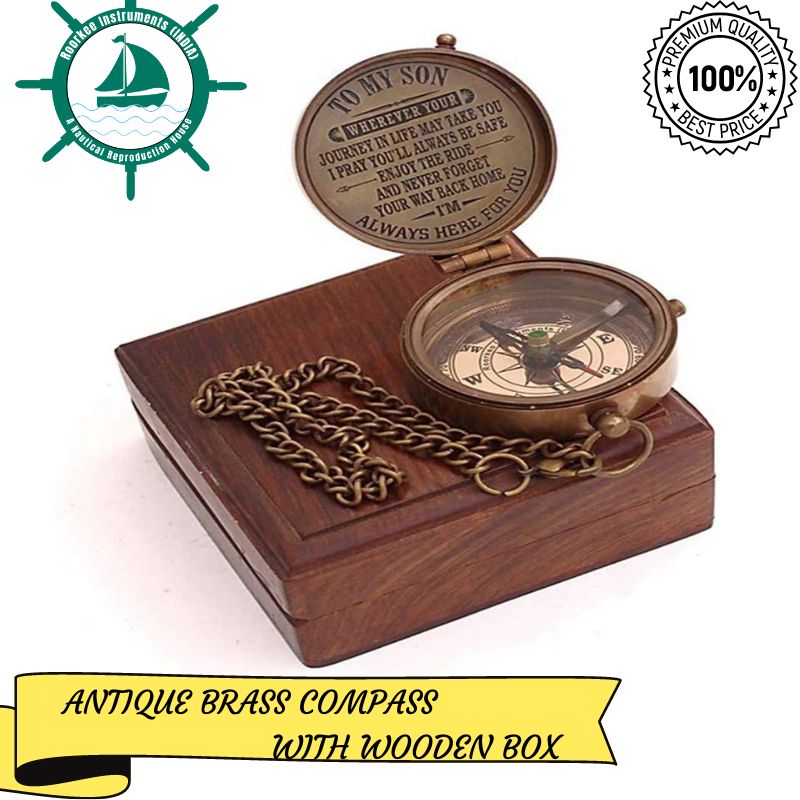 Antique Nautical Vintage Directional Magnetic Compass with Famous Scripture Quote Engraved Baptism Gifts with Leather Case or Wooden Case for Loved Ones, Son, Father, Love, Partner, Spouse, Fiancé.