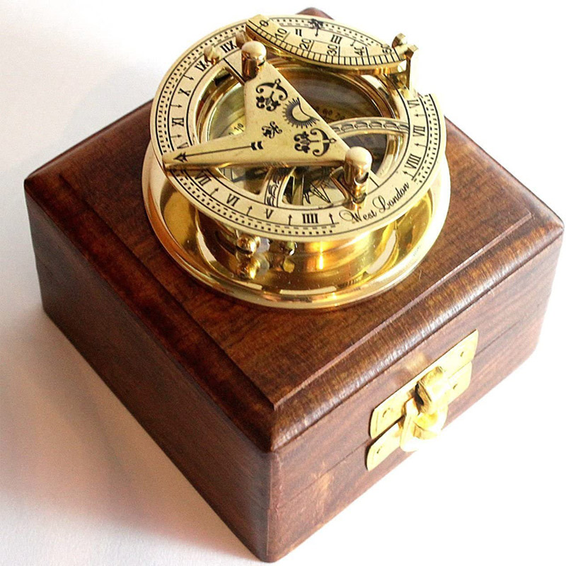 Brass Sundial Compass -Solid Brass Pocket Sundial - West London with Wooden Box