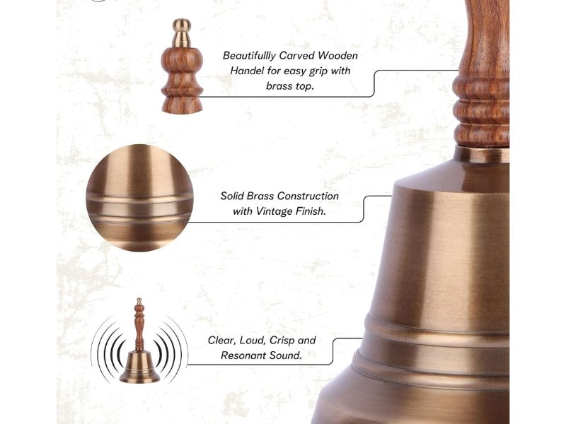 Premium Solid Brass Service Bell Handheld Loud Call Bell with Wooden Handle for Church Restaurant Hotel Reception Office Event Holiday Use Brass Finish