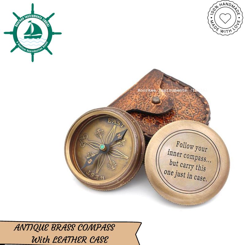 Follow Your Inner. Solid Brass Compass with Compass Rose Embossed Carry Case