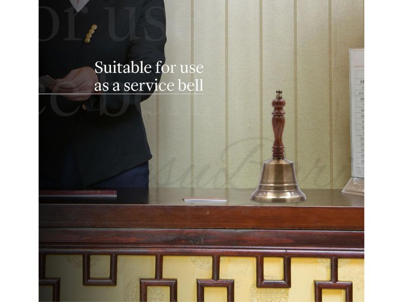 Premium Solid Brass Service Bell Handheld Loud Call Bell with Wooden Handle for Church Restaurant Hotel Reception Office Event Holiday Use Brass Finish
