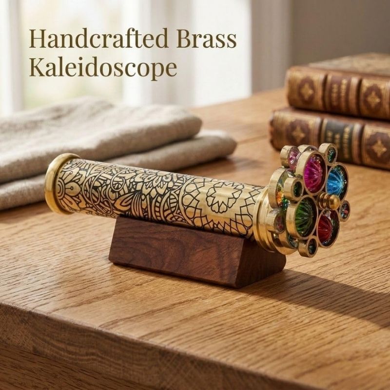 Handcrafted Etched Floral Pattern Lacquered Brass Kaleidoscope Includes Two Separate Turning Wheels-A Unique Gift to My Son, Grandson, Daughter. (6.5\