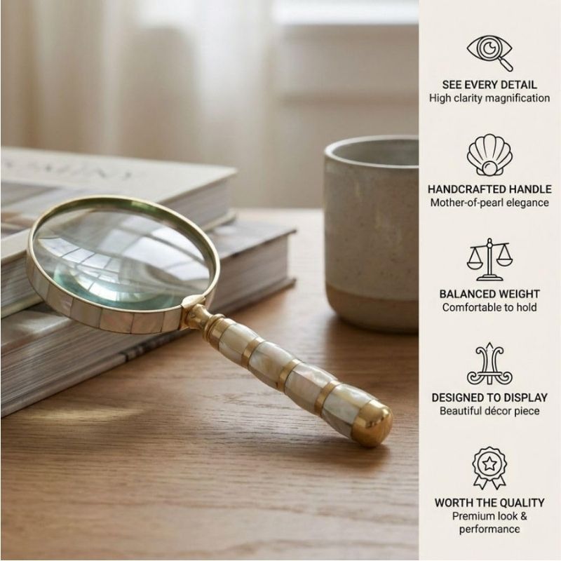  Magnifying Glass with Mother of Pearl Handle, Handheld 10x Magnifying Glass Lens, Antique Magnifier, Reading, Inspection, Astrologer, Low Sight Elderly Collectible Décor Gift 4 Inches