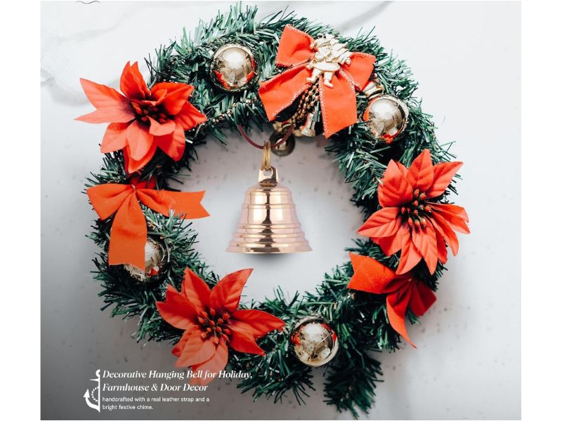 Brass Hanging Entry Bell with Leather Strap – Vintage Wall Mounted Doorbell for Home, Barn, Farmhouse, or Store – Decorative Brass Finish Door Bell for Indoor & Outdoor Use