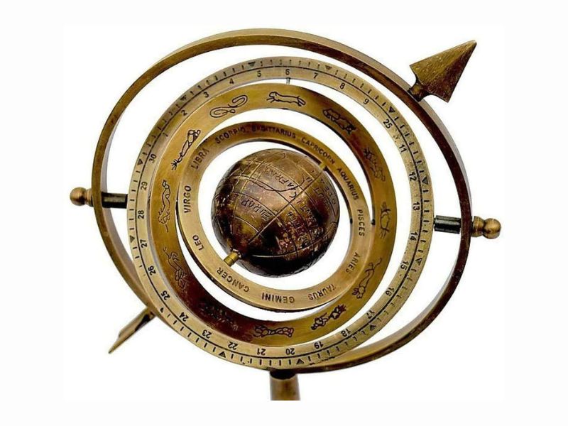 10" Antique Brass Armillary Sphere with Sundial Arrow | Vintage Celestial Globe Astrolabe | Handcrafted Nautical Maritime Décor | Engraved Zodiac Globe on Wooden Base | Home Office Desk Ornament