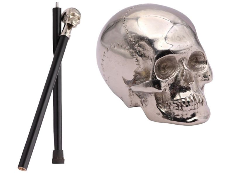 Brass Skull Walking Cane – Chrome Finish Skull Handle Walking Stick for Men – Steampunk Gothic Vintage Cane – Black Hardwood Shaft – Collectible Prop & Costume Accessory