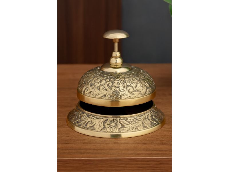 Solid Brass Victorian Service Desk Bell – Vintage Embossed Table Call Bell for Hotel, Office, Reception, Restaurant, and Home Décor – Antique Brass Finish, Loud & Clear Ringing