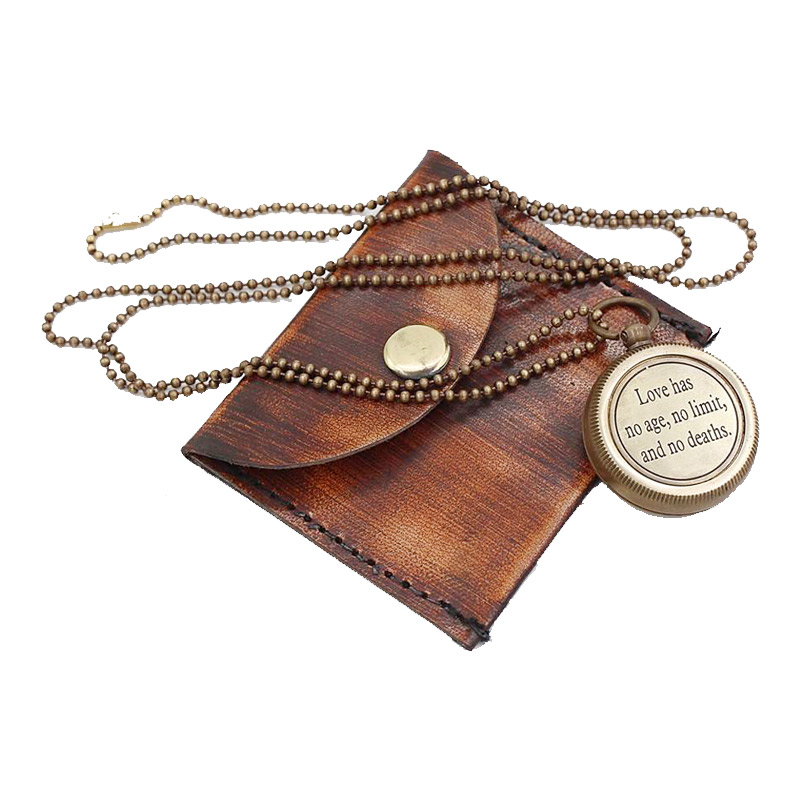 Antique Nautical Vintage Directional Magnetic Compass Engraved Quote !LOVE HAS NO AGE! Necklace with Leather Case 