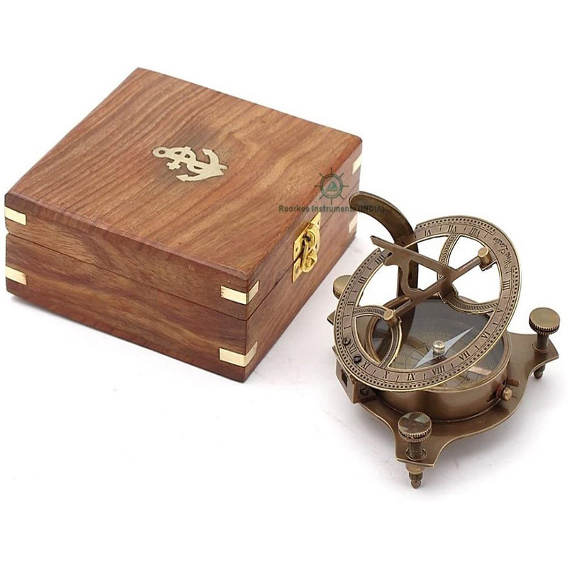  Antique Nautical Vintage Directional Magnetic Sundial Clock Pocket Marine Compass Essential Baptism Gifts with Wooden Case for Loved Ones, Son, Love, Partner, Spouse, Fiancé 4 Inches