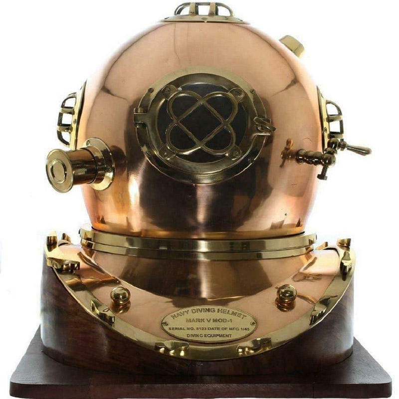 US Navy Full-Size Replica US Navy Mark V Brass Diving Helmet Wood Base Solid Scuba Sea Replica Us Brass Vintage Deep Sea Solid Marine Helmet for Office & Home Decor