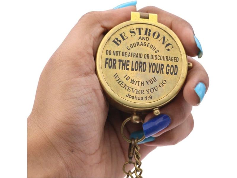 Be Strong and Courageous, Joshua 1:9 – Solid Brass Engraved Compass with Leather Case | Christian Gift for Baptism, First Communion, Confirmation, Graduation | Inspirational Religious Gift for Boys, Girls & Men