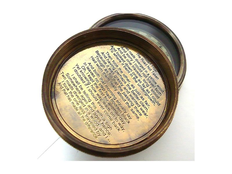 Robert Frost Poem Brass Pocket Compass with Leather Case | Handmade Antique Nautical Compass for Hiking, Camping, and Adventure | Rustic Vintage Home Décor Gift for Men, Son, or Explorer