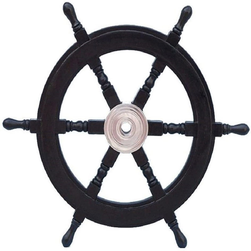  Deluxe Class Black Wood and Chrome Pirate Decorative Ship Steering Wheel 24 Inches