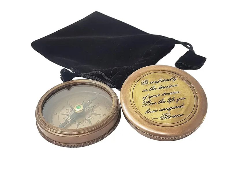 Go Confidently in the Direction of Your Dreams” Engraved Brass Compass with Leather Case – Inspirational Thoreau Quote Compass for Graduation, Retirement & Travel Gifts