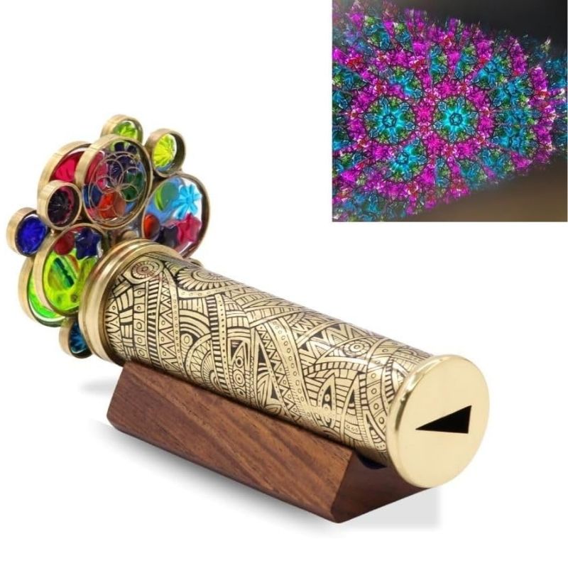 Handmade Tribal Brass Kaleidoscope with Etched Design, Dual Resin Bead Wheels, Three-Mirror System, Lacquer Finish with Wooden Stand &amp; Gift Box – Decorative Collectible Gift for Adults