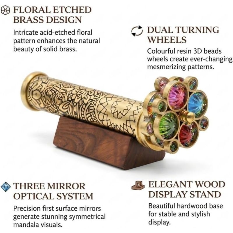 Handcrafted Etched Floral Pattern Lacquered Brass Kaleidoscope Includes Two Separate Turning Wheels-A Unique Gift to My Son, Grandson, Daughter. (6.5\