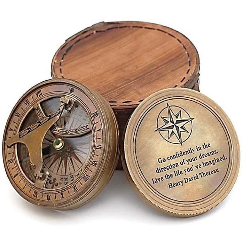 Antique Nautical Vintage Directional Magnetic Sundial Clock Pocket Compass Quote Engraved Gifts with Leather Case, Son, Love Henry David Thoreau Go Confidently in The Direction