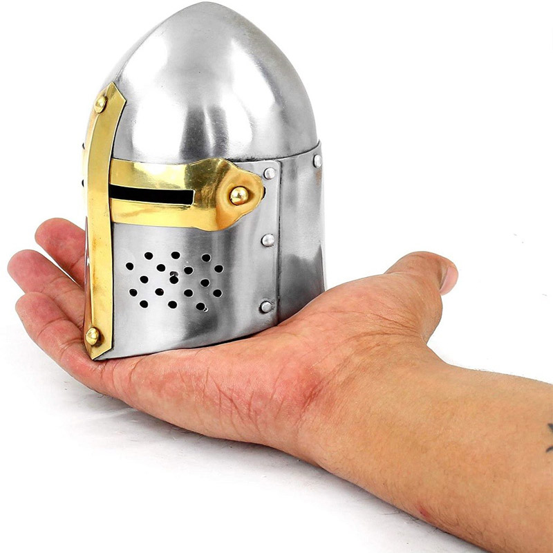 Mini Handheld Sized Medieval Sugarloaf Brass Crusader and Templar Steel and Brass Helmet  Home Decor Accent Artifacts