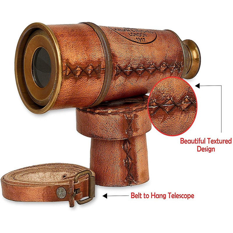 12x Antique Telescope, Kelvin and Hughes Functional Vintage Replica, with Beautiful Imprinted Leather Case, Gifting Nautical Navy Zoomable Pirate Spyglass Collectible 16 Inches