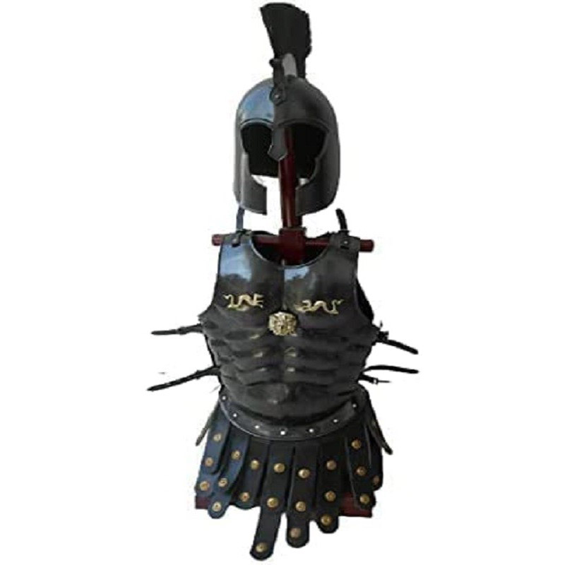 Medieval Roman Muscle Armor Jacket with Troy Helmet Black Finish Reenactment