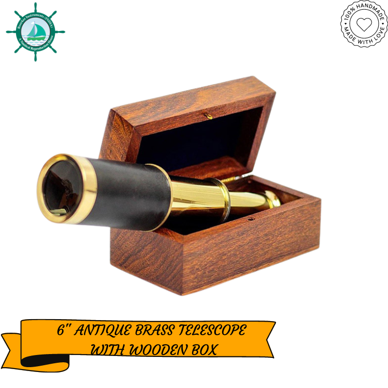 Miniature Beautiful Handcrafted Handheld Brass Telescope with Rosewood Box - Pirate Navigation Gifts (6 Inches, Polished Brass) 