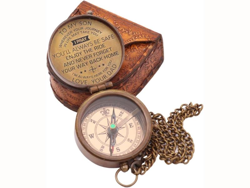 To My Son Compass from Dad – Solid Brass Engraved Compass with Leather Case – Inspirational Gift for Son – Graduation, Birthday, Christmas, Adventure, Keepsake Compass for Men, Boys, Travelers