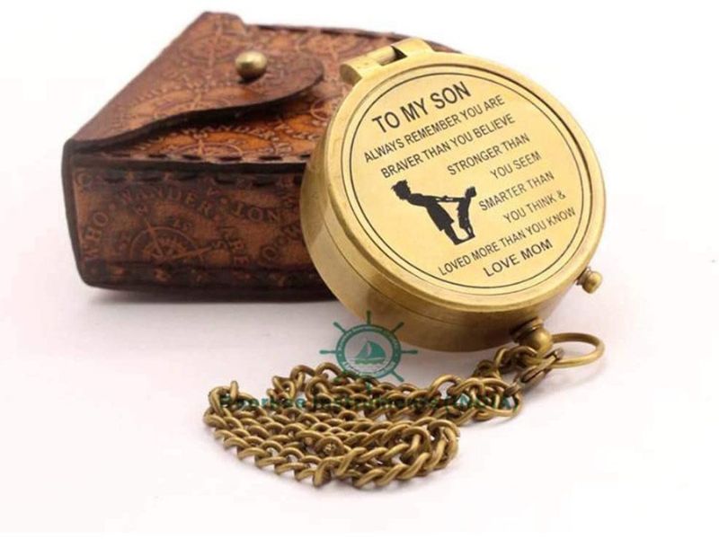 Engraved Brass Compass for Son from Mom – “Always Remember You Are Braver Than You Believe” Quote – Handmade Nautical Compass Gift with Case for Graduation, Birthday, Christmas