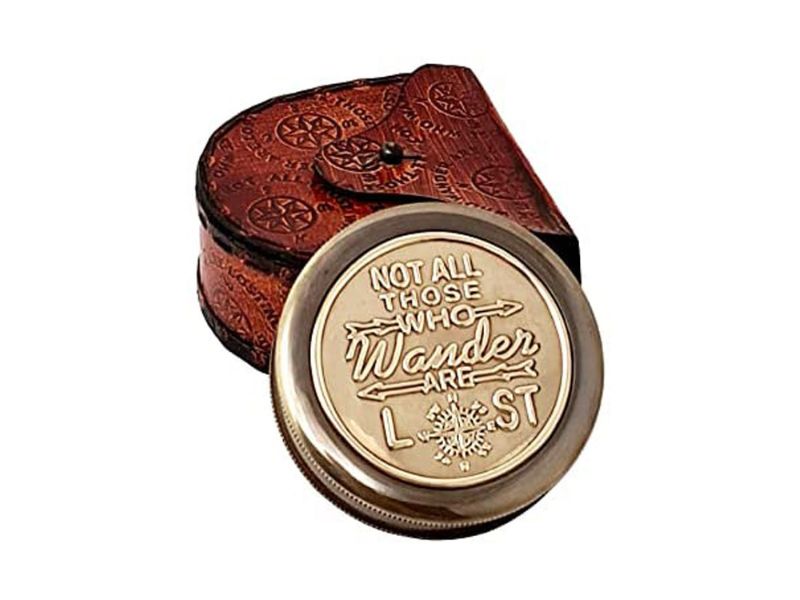 Vintage Brass Compass Engraved 'Not All Those Who Wander Are Lost' with Handmade Leather Case – Inspirational Gift for Travelers, Adventure Lovers & Graduates