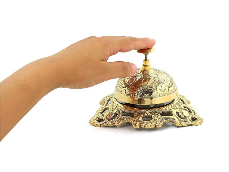 Solid Brass Classic Office Desk Bell with Traditional Artwork | Vintage Handcrafted Call Bell for Hotel, Reception, Office & Home Décor | Loud Clear Ring |