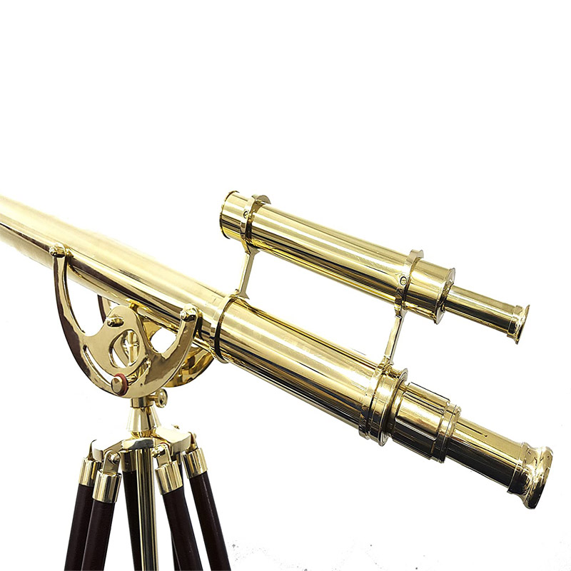 Maritime Telescope Wooden Tripod Stand Harbor Master Shiny Brass Double Barrel Telescope