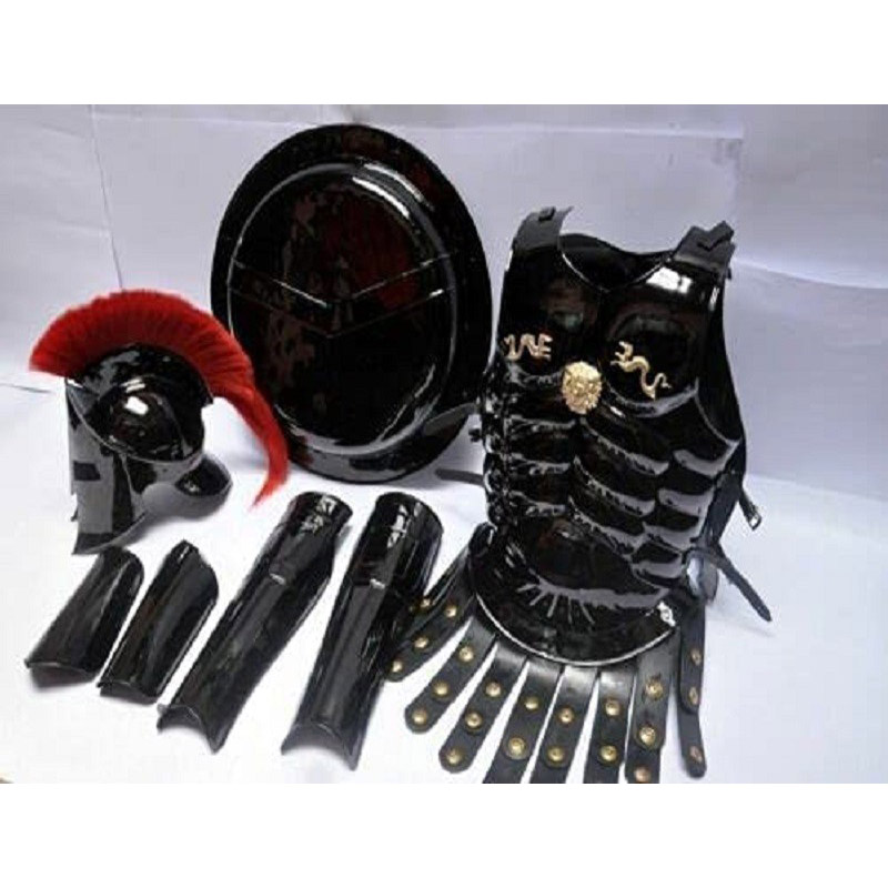 Medieval Muscle Body Armor Jacket Set With 300 Spartan Helmet Red Plume Armor 