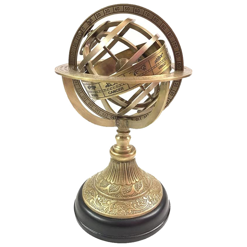 Nautical Brass Engraved Armillary Sphere Globe on Black Wooden Base Home and Office Decor