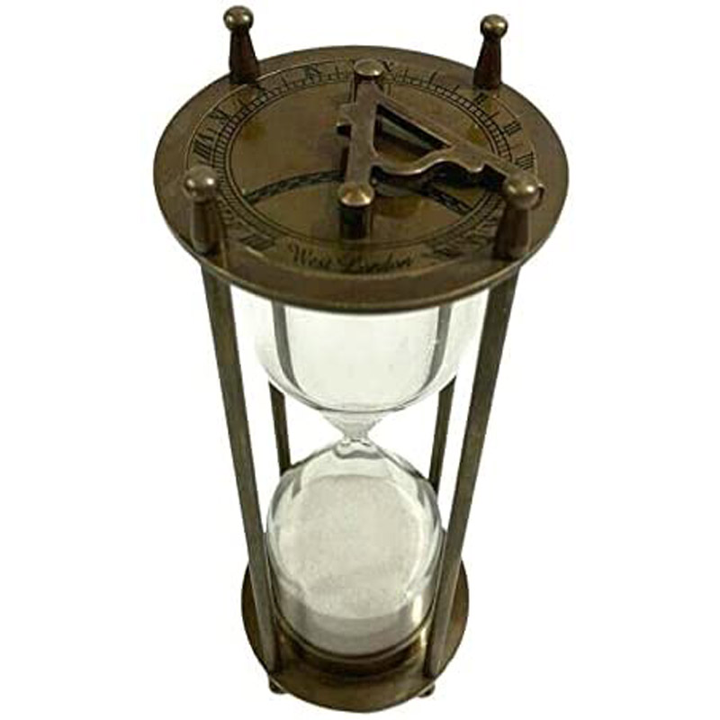 LOT of 2 PCS. Vintage Hourglass Nautical Maritime Decorative Brass Sand Timer 6&amp;quot; with Sundial