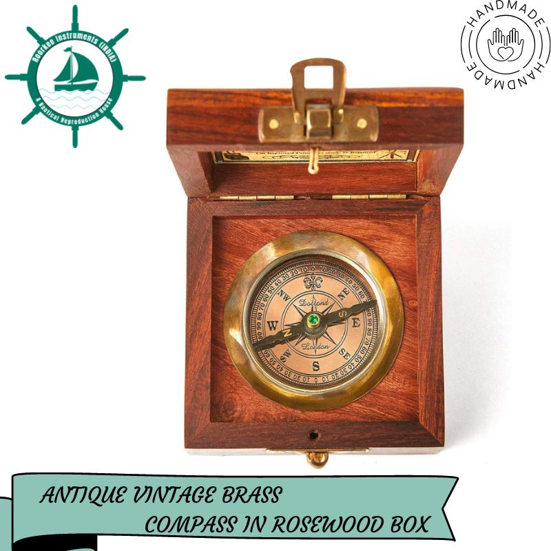 Handmade Antique Vintage Brass Compass in Rosewood Box | Exquisite Nautical Compass for Home Decor | Pocket Compass Gift for Every Occasion