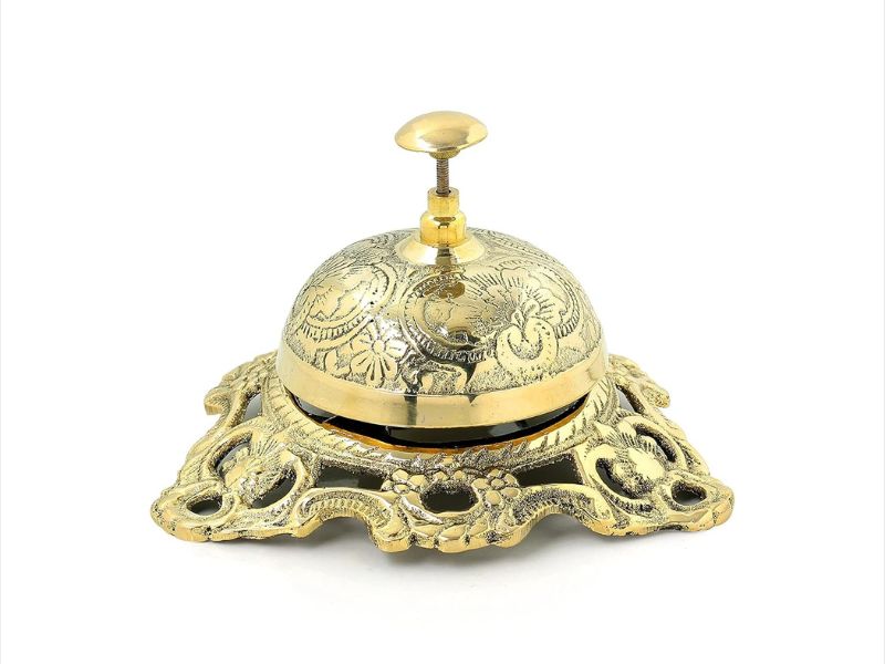 Solid Brass Classic Office Desk Bell with Traditional Artwork | Vintage Handcrafted Call Bell for Hotel, Reception, Office & Home Décor | Loud Clear Ring |