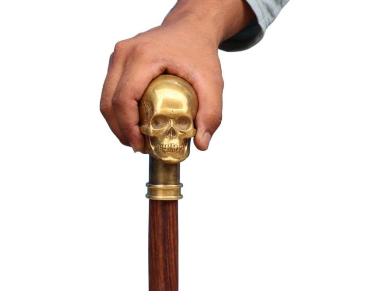 Brass Skull Walking Cane for Men – Heavy Old Brass Cast Skull Handle Walking Stick – Gothic Steampunk Decorative Cane – Solid Hardwood Shaft – Collectible Prop, Costume & Gift