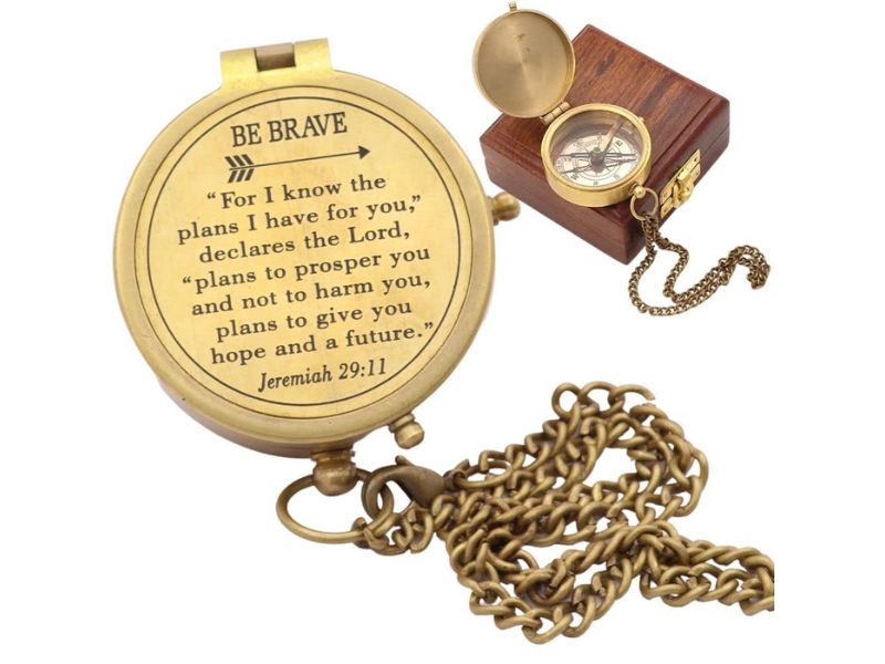 Be Brave Compass, Jeremiah 29:11, “For I Know The Plans I Have For You” Scripture Engraved Solid Brass Compass with Wooden Box – Christian Baptism, Confirmation, Graduation Gift for Boys, Girls, Men, Women