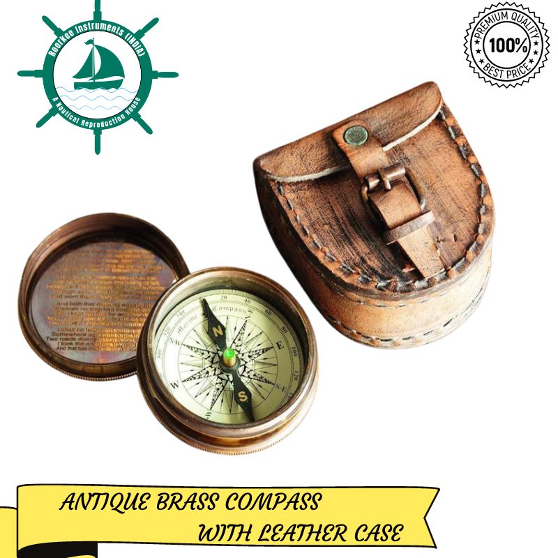 Antiqued Brass Poem Compass with Leather Case