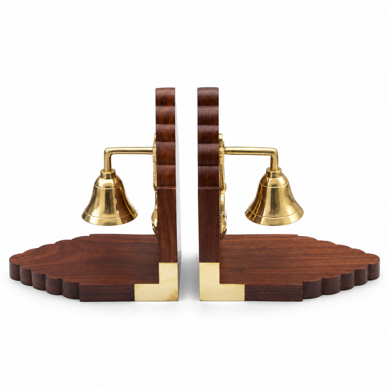 Handmade Wooden Brass Ship Bell Bookends Set | Nautical Maritime Office Desk Library Decor