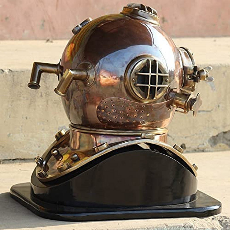 Full Size Diving Helmet U.S Navy Divers Helmet Solid Brass Mark V Diving Helmet with Black Wood Stand Vintage Helmet 18inch