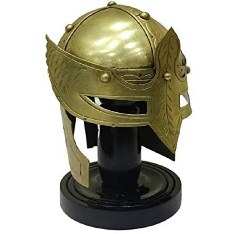 Medieval Viking Mini Brass Mask Helmet W/Stand Table Top Office Decor Gift Item | Halloween Prop 