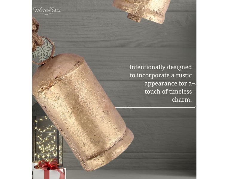 Set of 3 Gold Brass Cow Bells with Jute Hanging Rope – Rustic Wind Chime for Home, Garden, Meditation Room, Yoga Studio & Buddhist Altar – Decorative Hanging Bells (5.5\