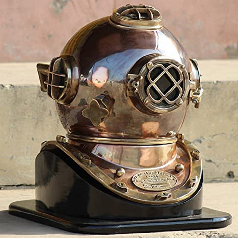 Full Size Diving Helmet U.S Navy Divers Helmet Solid Brass Mark V Diving Helmet with Black Wood Stand Vintage Helmet 18inch