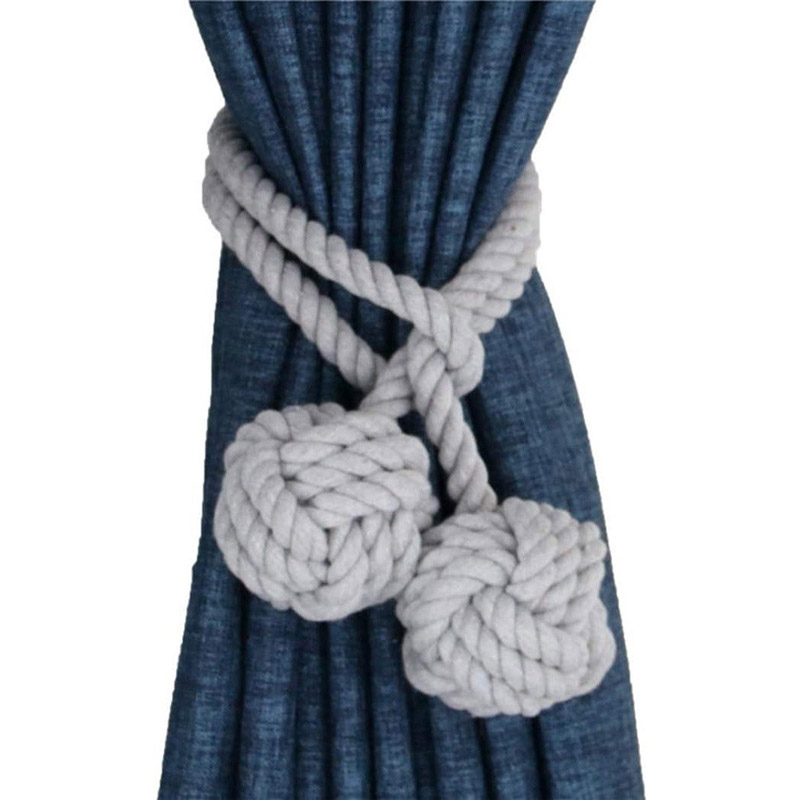 2pcs Braided Drapery Tiebacks Curtain Holdbacks Hand Knitting with Double Ball Cotton Rope Tassel - Gray