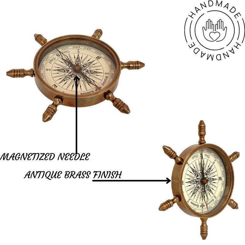 Vintage Star Brass Handmade Paperweight Direction Ship Wheel Lens Compass Beautiful Desktop Decorative & Gifting Item